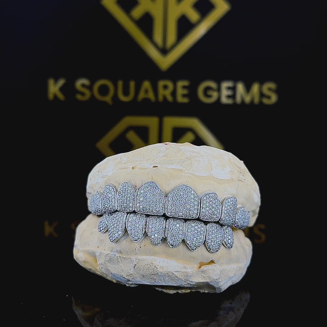 Custom 925 Sterling Silver Hip Hop Fine Piercing Jewelry featuring 6 VVS1 Clarity Cut Diamonds and Fully Iced Moissanite Grillz.