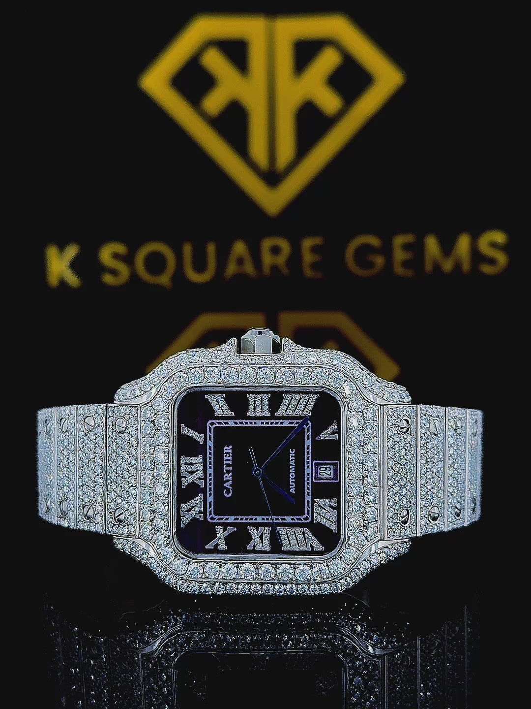 Cartier Purple Dial Iced Out Moissanite Diamond Watch
