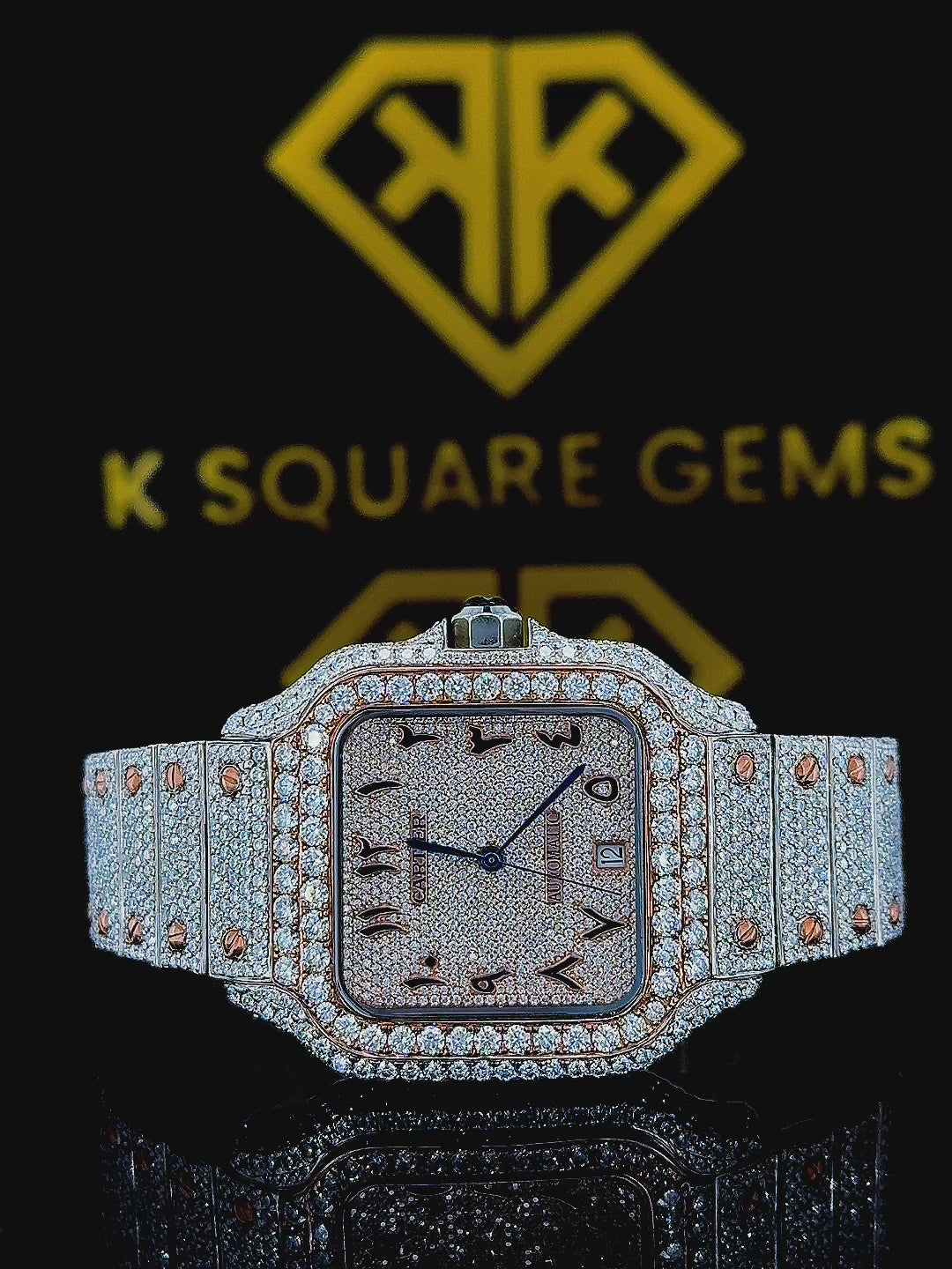Two Tone Cartier Rose Gold Arabic Dial Moissanite Diamond Watch