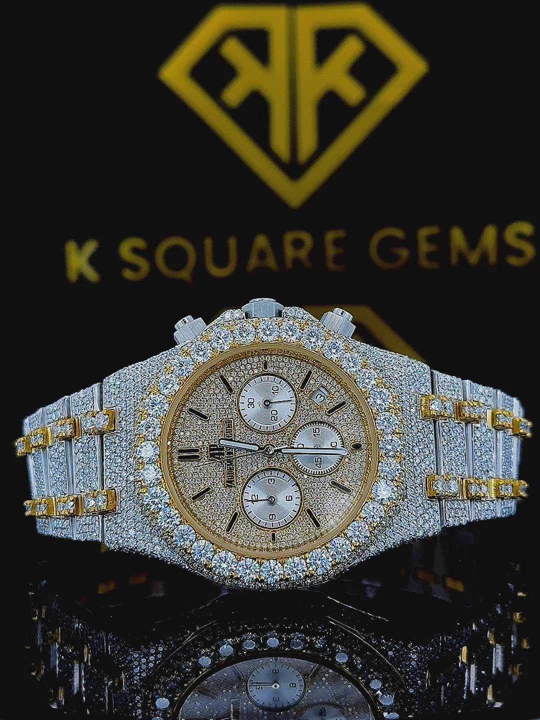 AP Two Tone Yellow Gold Iced Out Chronograph Moissanite Diamond Watch