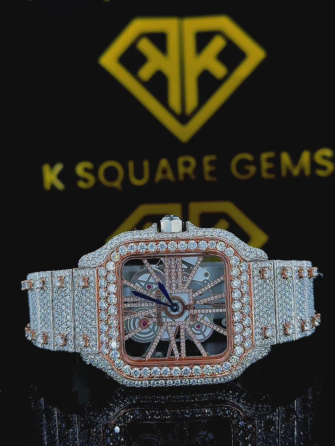 Cartier Two Tone Rose Gold Skeleton Dial Moissanite Diamond Watch