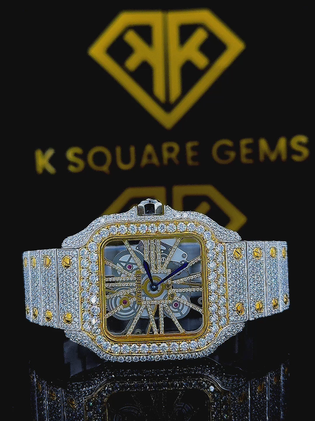 Two Tone Yellow Gold Cartier Skeleton Dial Moissanite Diamond Watch