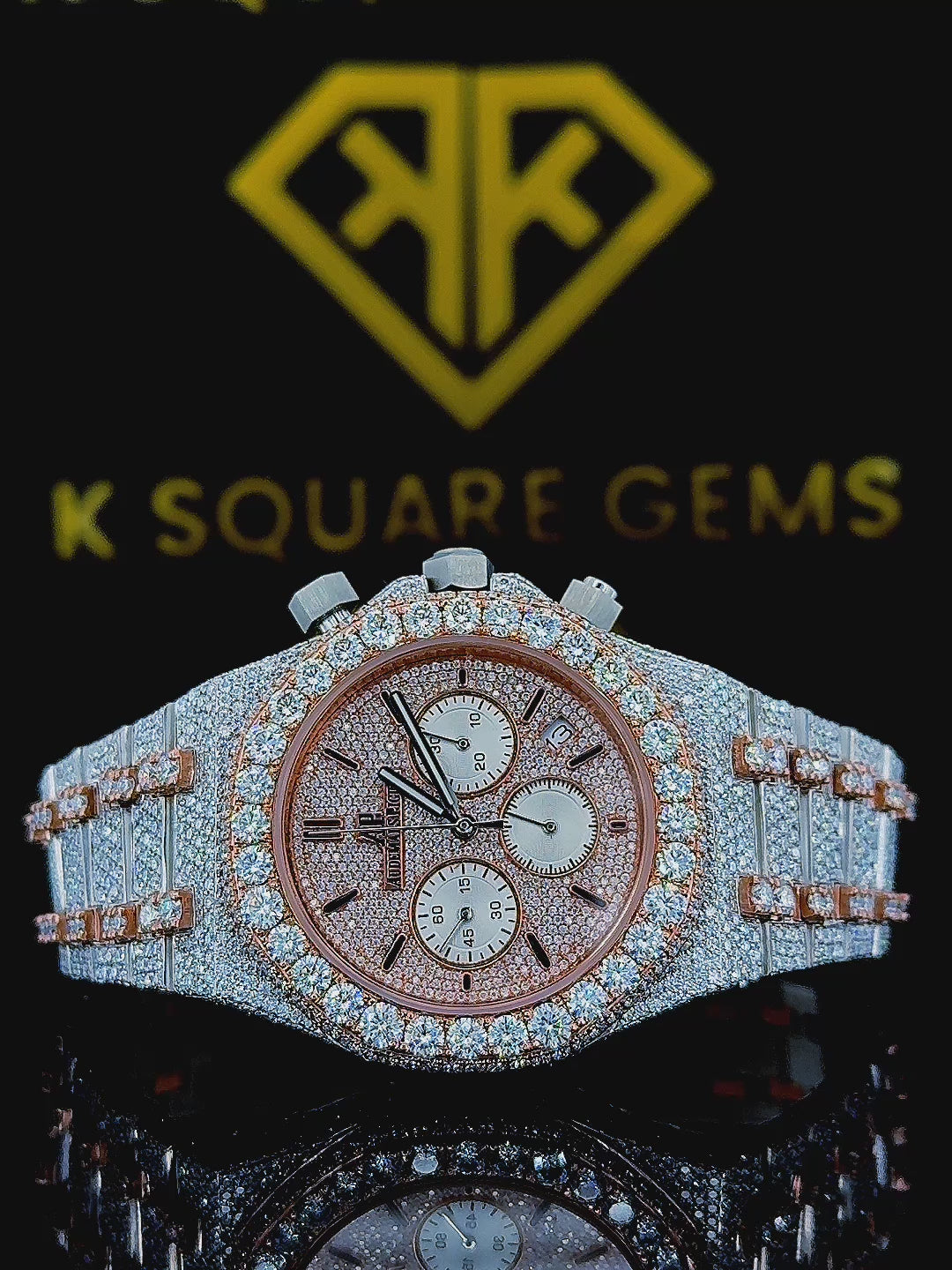 AP Two Tone Rose Gold Chrono Moissanite Diamond Watch 360 view