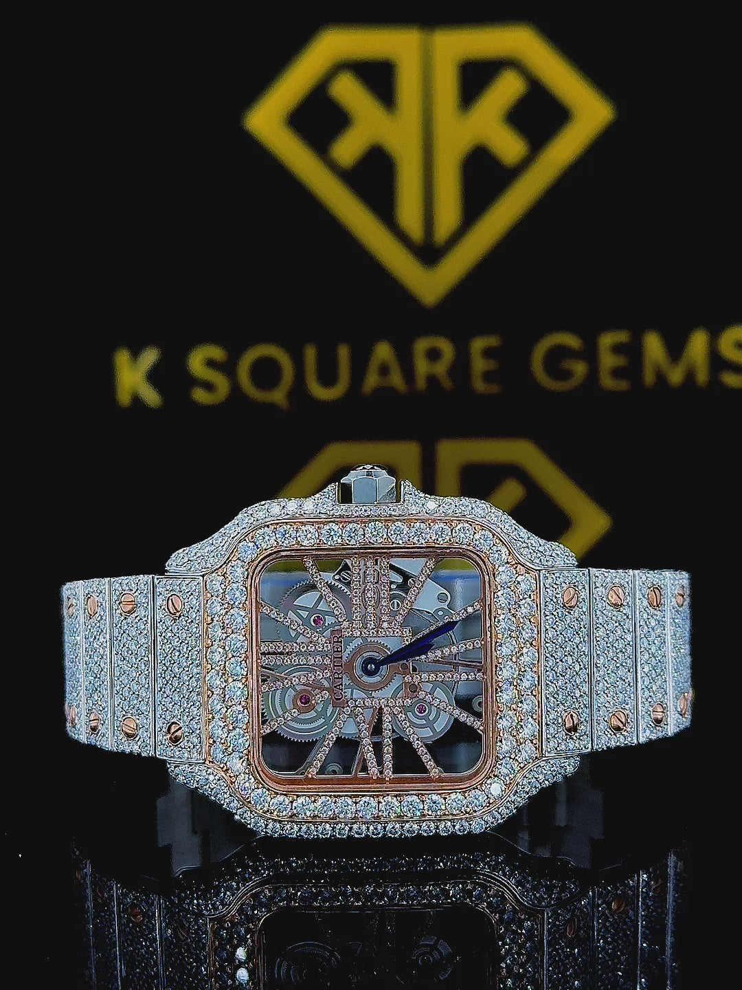 Skeleton Dial  Cartier Two Tone Iced Out Moissanite Diamond Watch