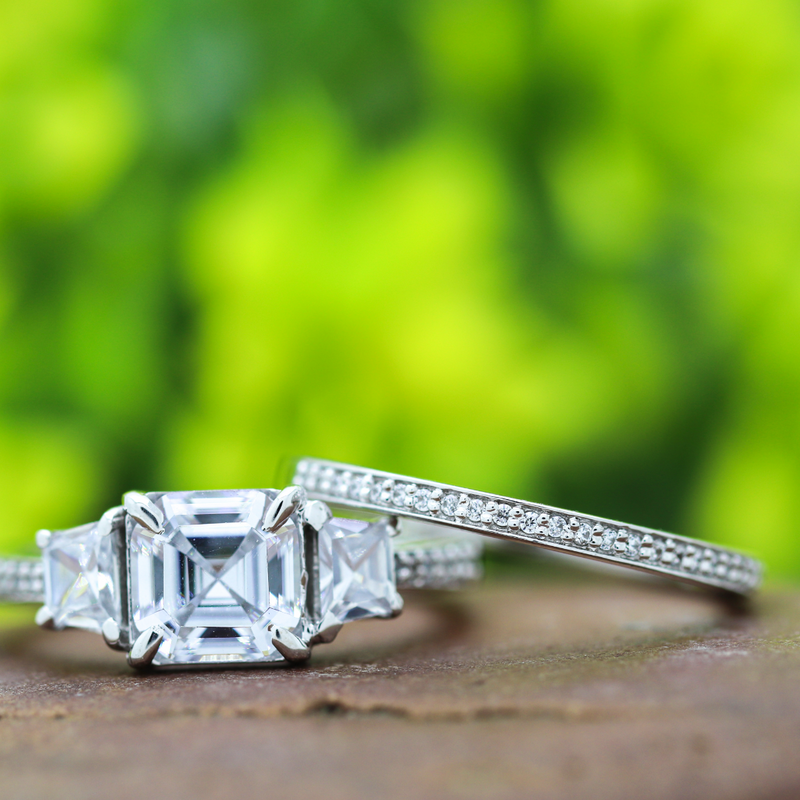 7.50 mm Asscher Cut Moissanite Wedding Ring For Bridal - 14K White Gold