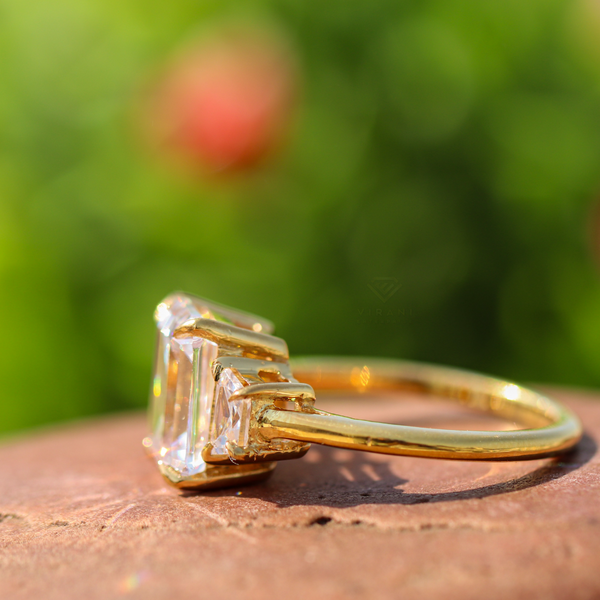 5.05 TCW White Emerald Cut Moissanite Engagement Ring 14K Yellow Gold