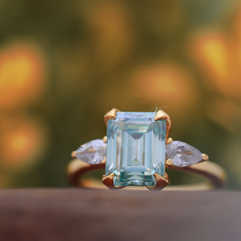9 x 7 mm Blue Emerald Cut Moissanite Engagement Ring - 14K Yellow Gold