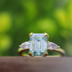 9 x 7 mm Blue Emerald Cut Moissanite Engagement Ring - 14K Yellow Gold