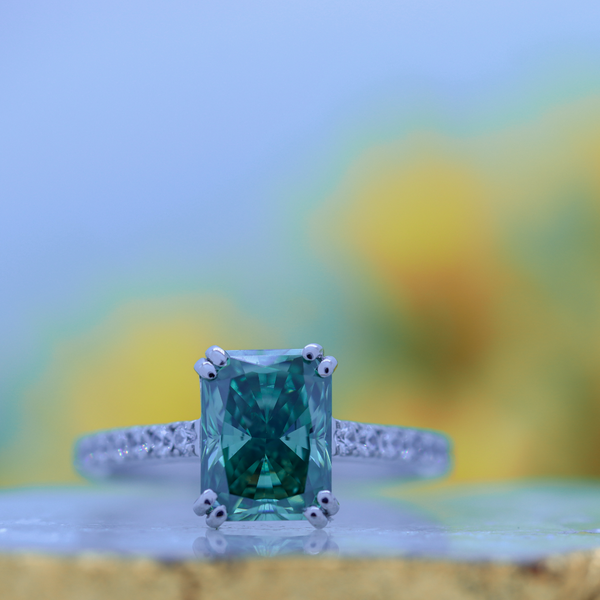 9 x 7 mm Dark Green Radiant Cut Moissanite Engagement Ring