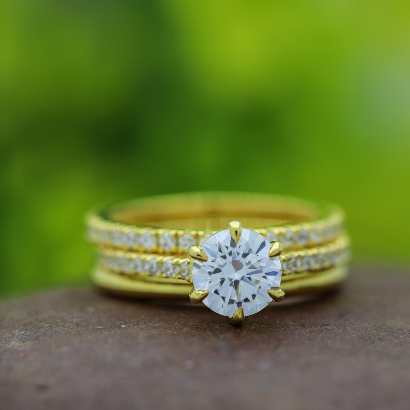 D White Round Cut Moissanite Wedding Ring Set - 14K Yellow Gold Ring