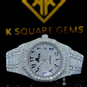 AP Blue Arabic Dial Full Iced Out Moissanite Diamond Watch Front View