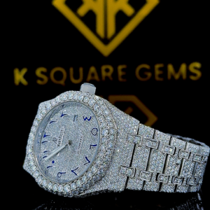 AP Blue Arabic Dial Full Iced Out Moissanite Diamond Watch Left Side View