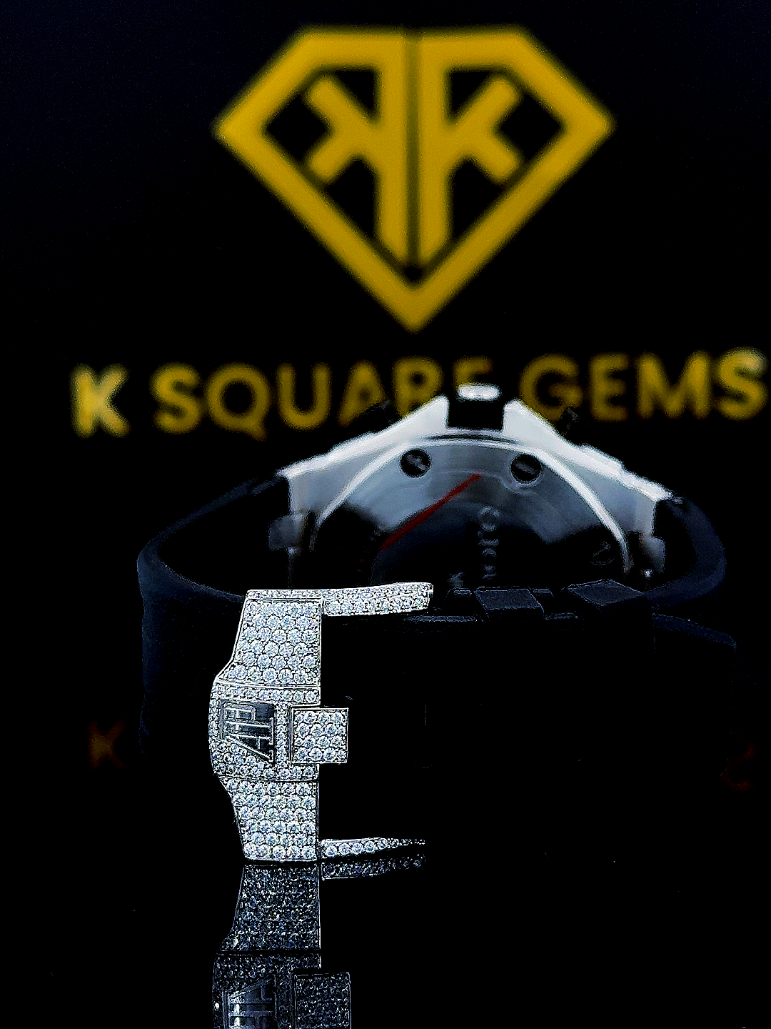 AP Chronograph Black Rubber Strap Moissanite Diamond Watch Back View