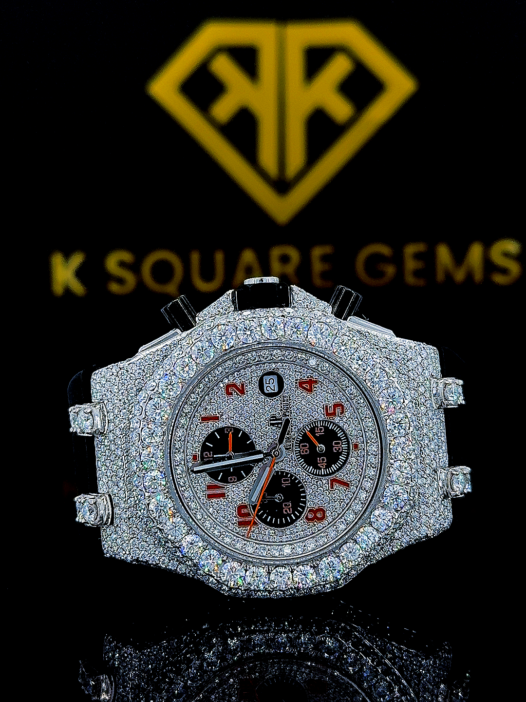 AP Chronograph Black Rubber Strap Moissanite Diamond Watch Front View