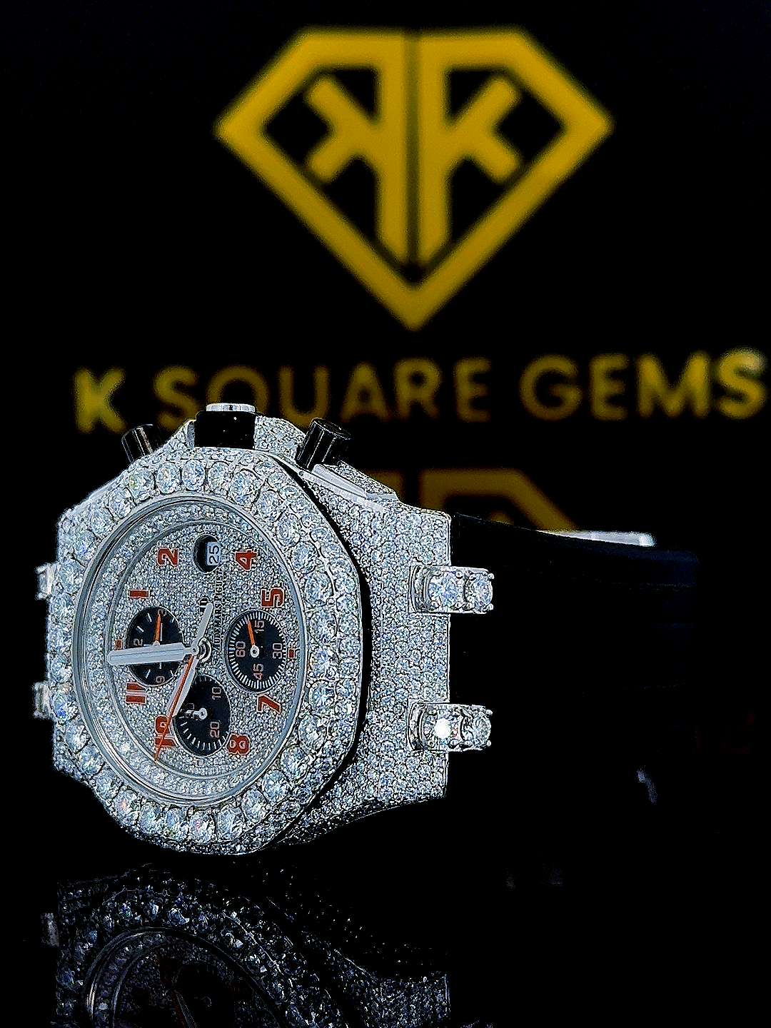 AP Chronograph Black Rubber Strap Moissanite Diamond Watch Left Side View