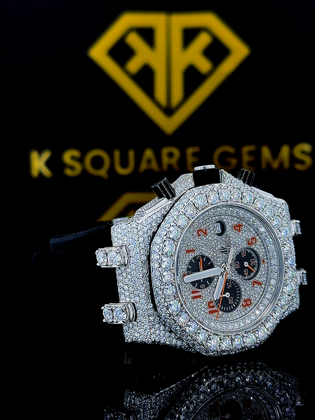 AP Chronograph Black Rubber Strap Moissanite Diamond Watch Right Side View