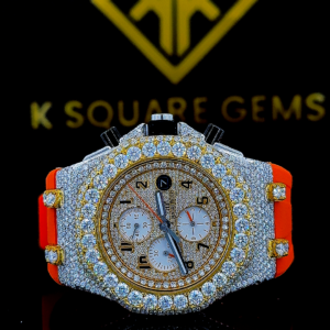 AP Chronograph Orange Rubber Strap Moissanite Diamond Watch Front View