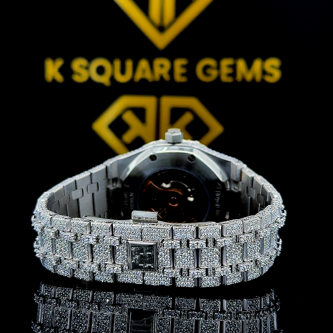 AP Iced Out Black Stick Dial Moissanite Diamond Watch Back View