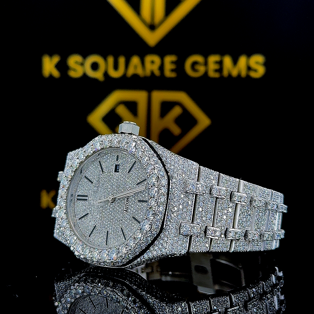 AP Iced Out Black Stick Dial Moissanite Diamond Watch Left Profile View