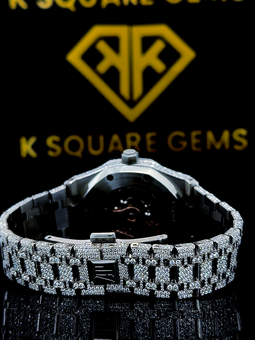 AP Iced Out Red Arabic Numeral Dial Moissanite Diamond Watch Back View