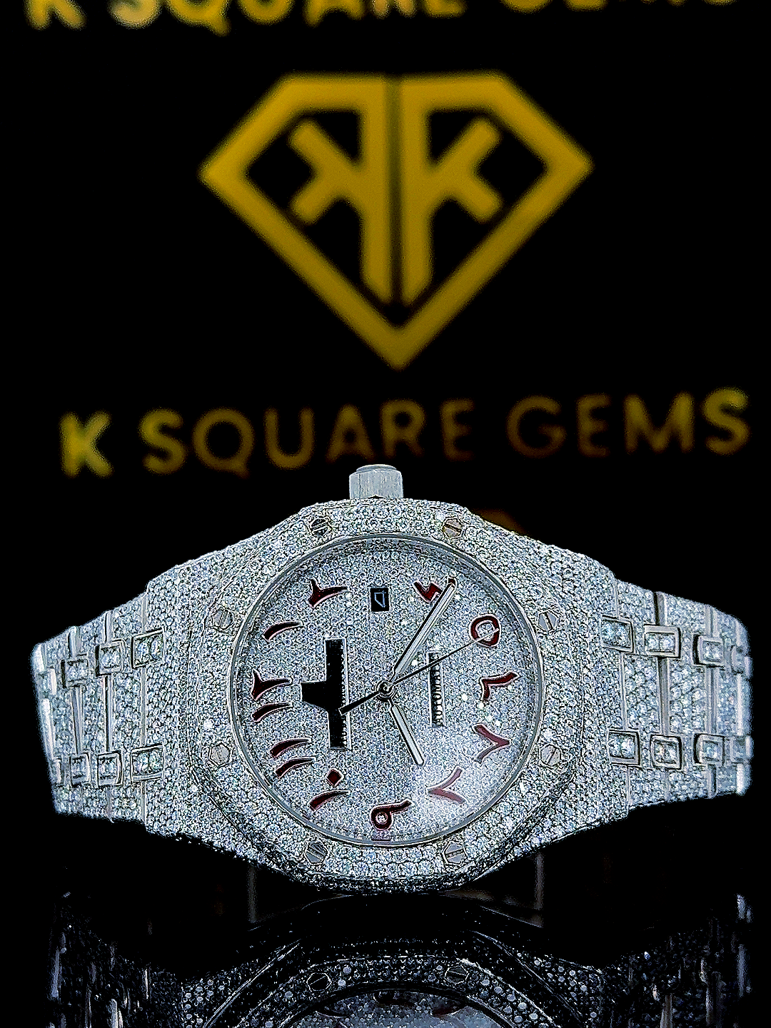 AP Iced Out Red Arabic Numeral Dial Moissanite Diamond Watch Front View
