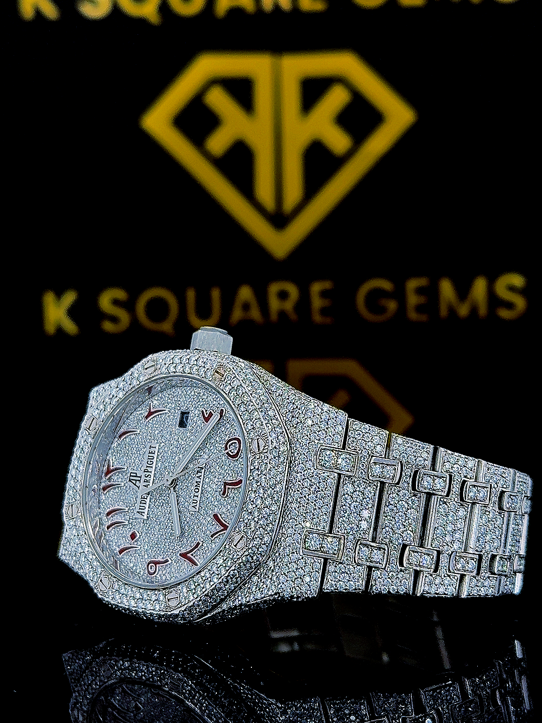 AP Iced Out Red Arabic Numeral Dial Moissanite Diamond Watch Left Side View