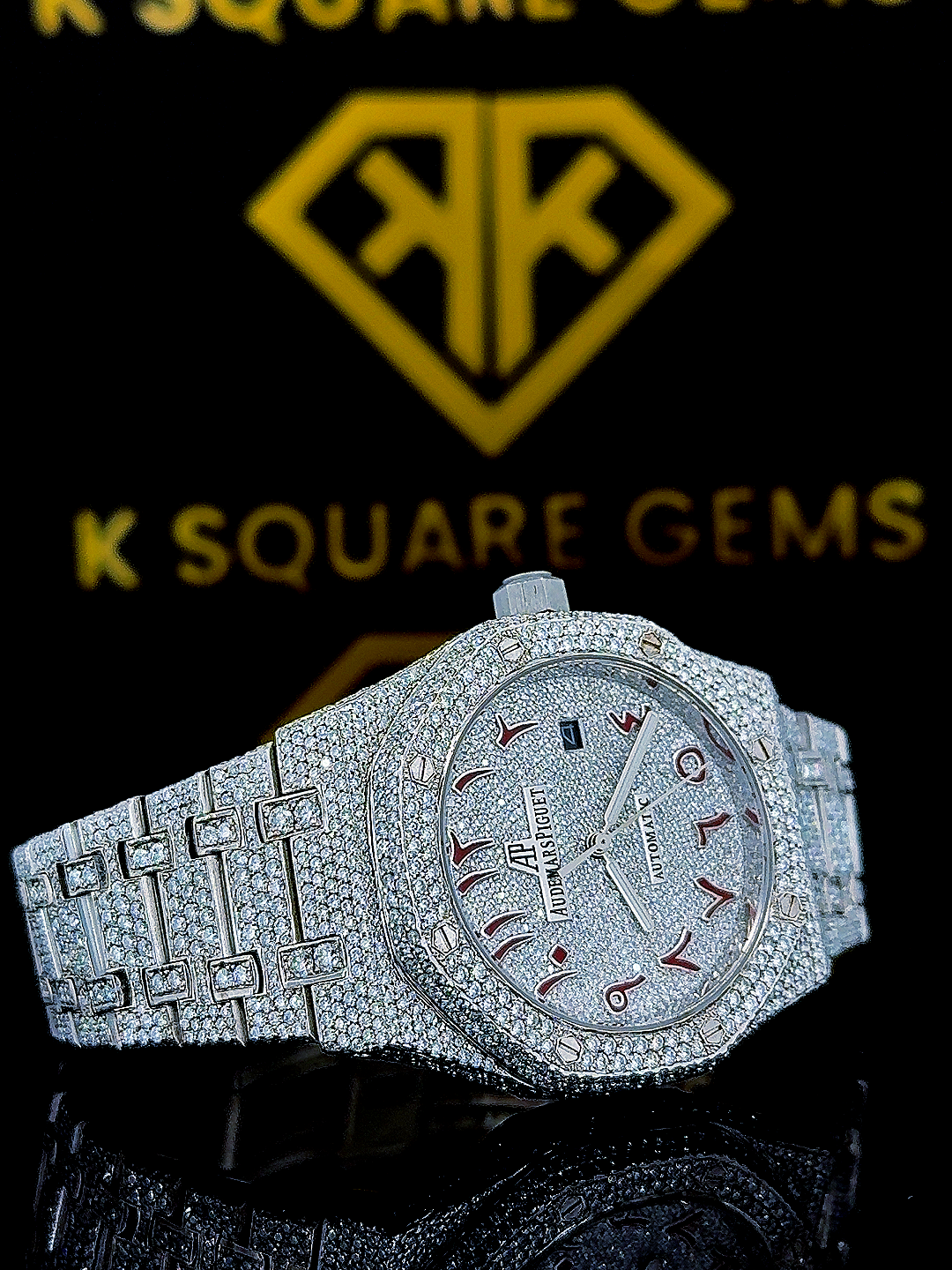 AP Iced Out Red Arabic Numeral Dial Moissanite Diamond Watch Right Side View