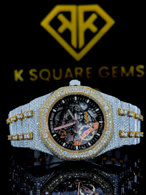 AP Royal Oak Skeleton Dial Diamond Bezel Two Tone Yellow Gold Fully Iced Moissanite Watch