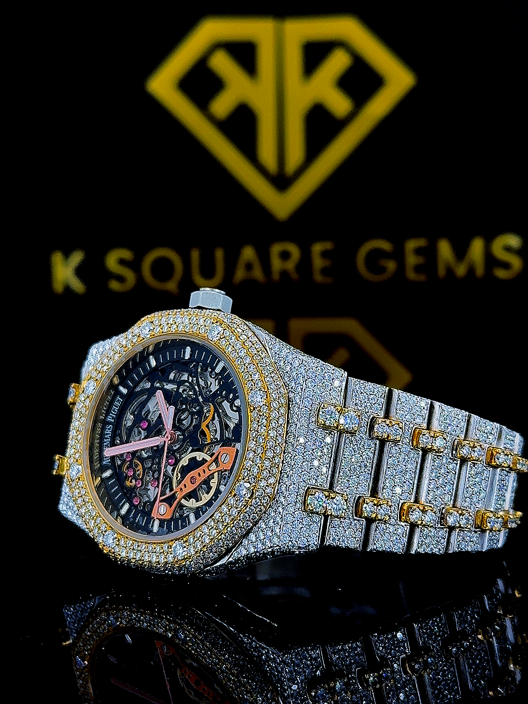 AP Skeleton Dial Two Tone Iced Out Moissanite Diamond Watch Left View