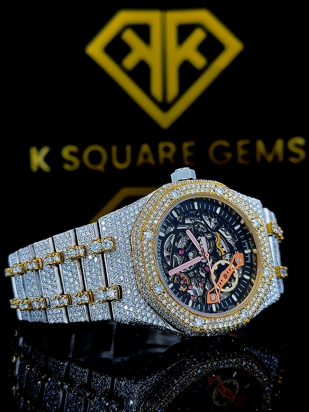 AP Skeleton Dial Two Tone Iced Out Moissanite Diamond Watch Right View