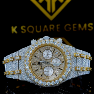 AP Two Tone Yellow Gold Iced Out Chronograph Moissanite Diamond Watch Front View