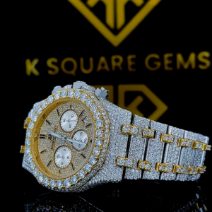 AP Two Tone Yellow Gold Iced Out Chronograph Moissanite Diamond Watch Left Side View