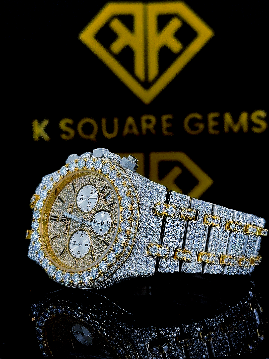 AP Two Tone Yellow Gold Iced Out Chronograph Moissanite Diamond Watch Left Side View