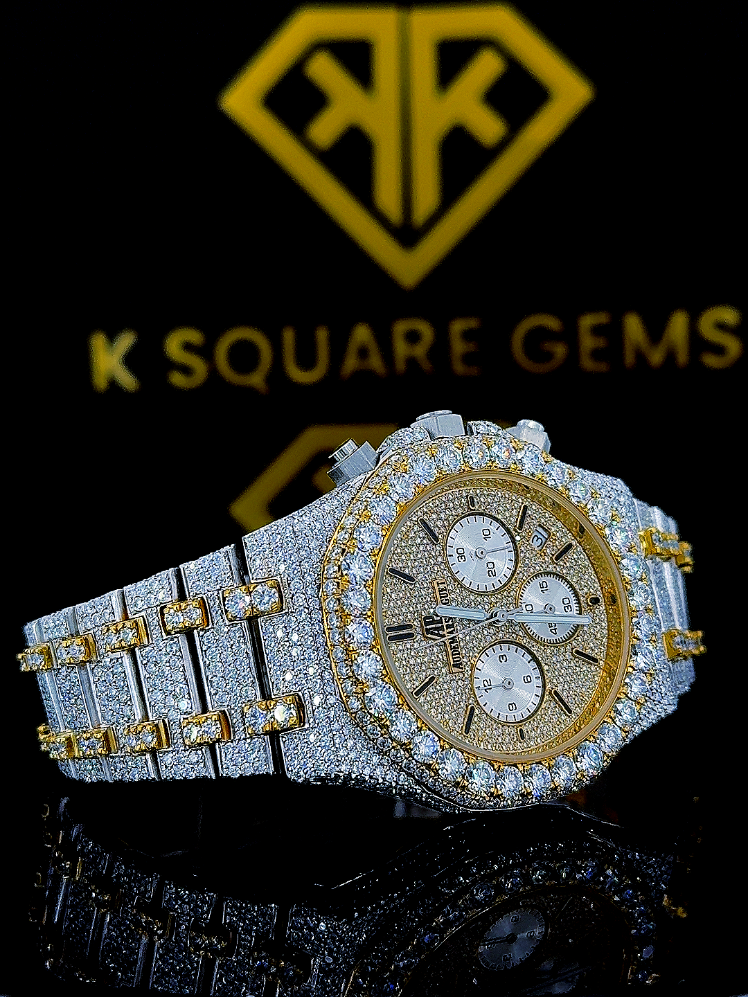 AP Two Tone Yellow Gold Iced Out Chronograph Moissanite Diamond Watch Right Side View