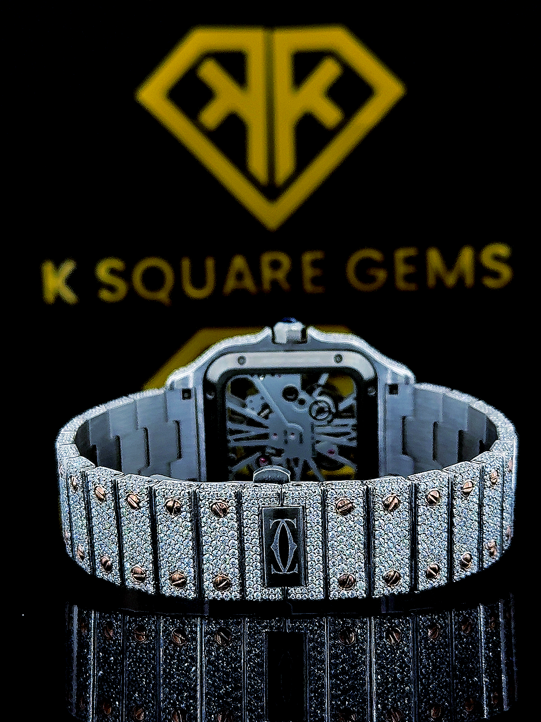 Back View Of Skeleton Dial Cartier Two Tone Iced Out Moissanite Diamond Watch