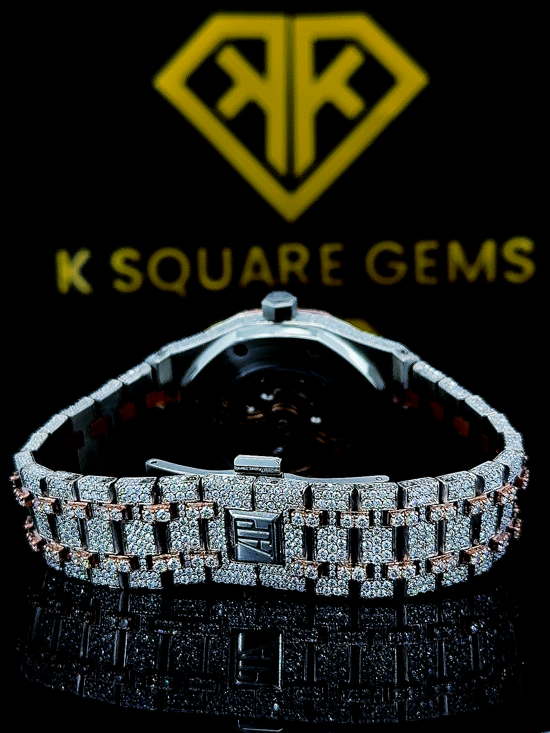 Bust Down AP Arabic Numerals Rose Gold Moissanite Diamond Watch Back View