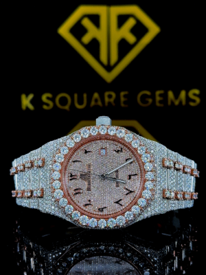 AP Royal Oak Arabic Numerals Pave Diamond Dial Two Tone Rose Gold Fully Iced Moissanite Watch