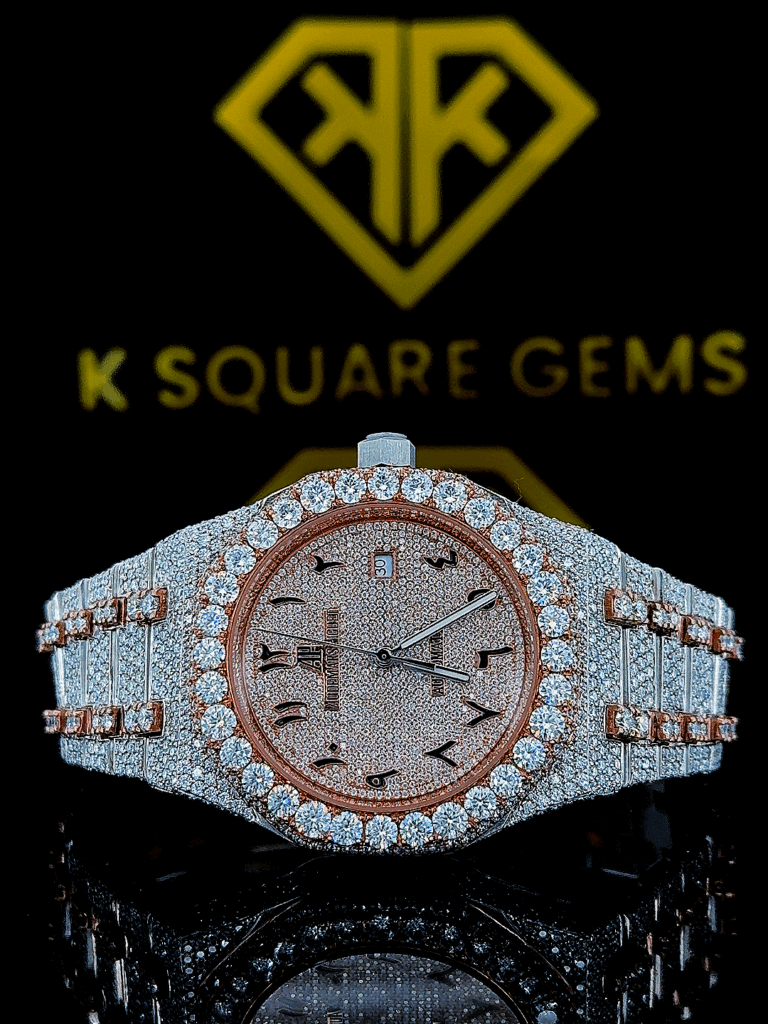 Bust Down AP Arabic Numerals Rose Gold Moissanite Diamond Watch Front View