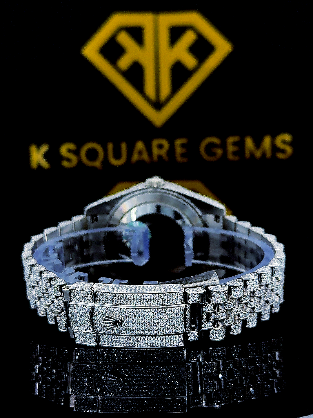 Bust Down Datejust Roman Numeral Moissanite Diamond Watch Back View