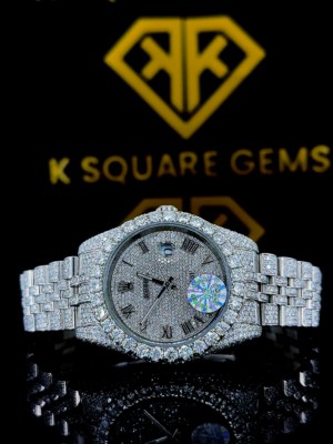 Rolex Datejust Roman Numerals Pave Diamond Dial Fully Iced Out Moissanite Watch