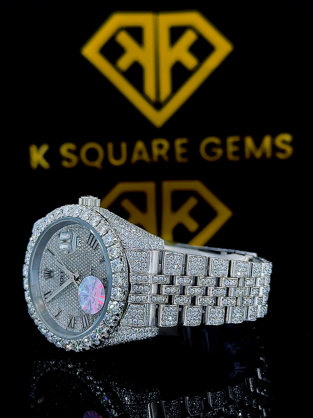 Bust Down Datejust Roman Numeral Moissanite Diamond Watch Left Side View