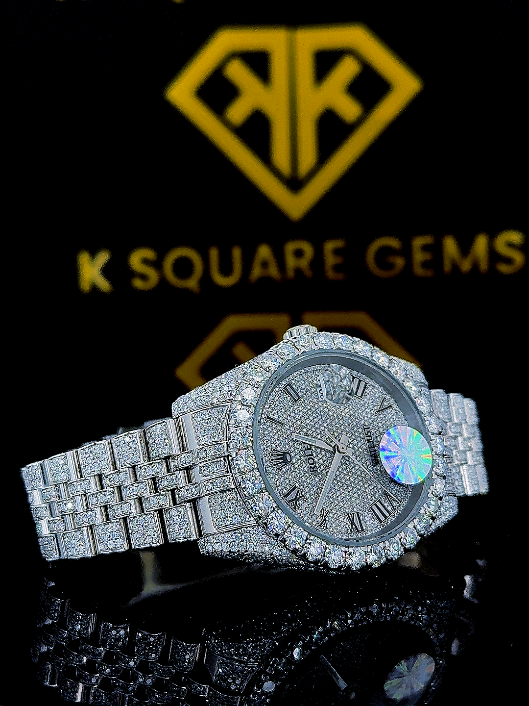 Bust Down Datejust Roman Numeral Moissanite Diamond Watch Right Side View
