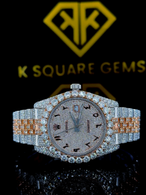 Rolex Datejust Arabic Numerals Pave Diamond Dial Two Tone Rose Gold Fully Iced Moissanite Watch