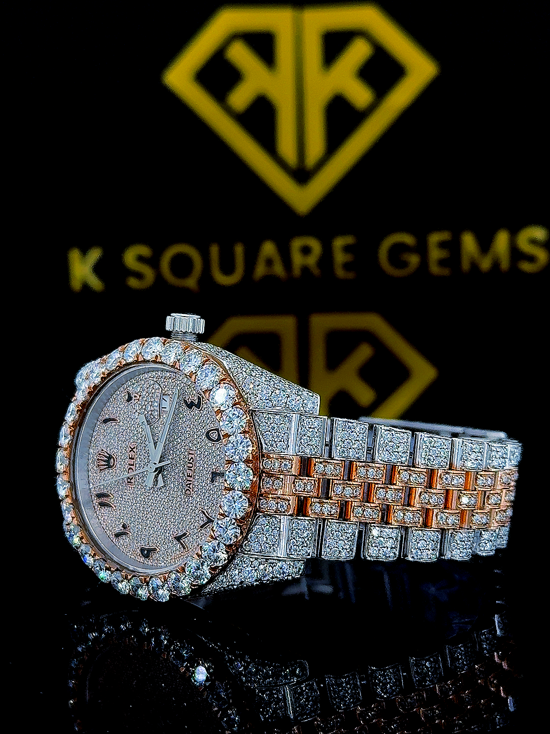 Bust Down Rolex Datejust Arabic Dial Moissanite Diamond Watch Left Side View