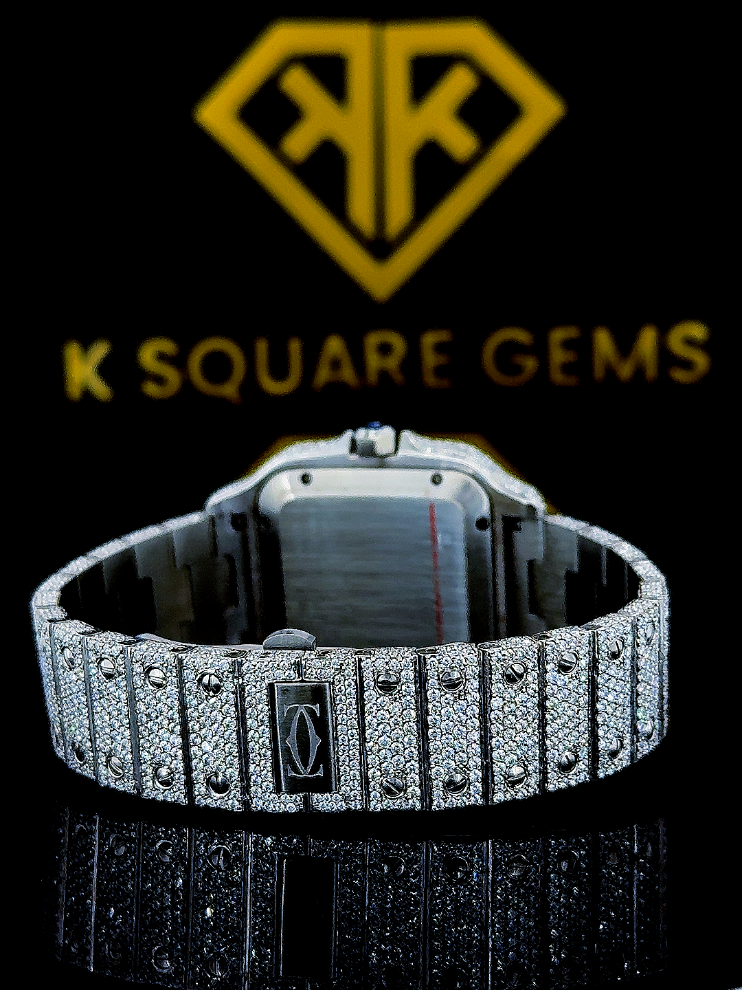 Cartier Purple Dial Iced Out Moissanite Diamond Watch Back View