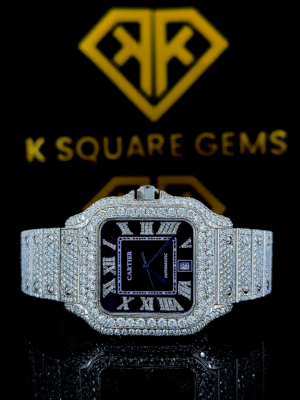 Cartier Santos Blue Roman Numerals Diamond Pave Dial Fully Iced Moissanite Watch