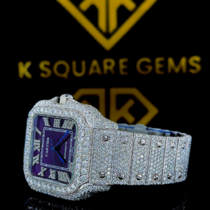 Cartier Purple Dial Iced Out Moissanite Diamond Watch Left Side View