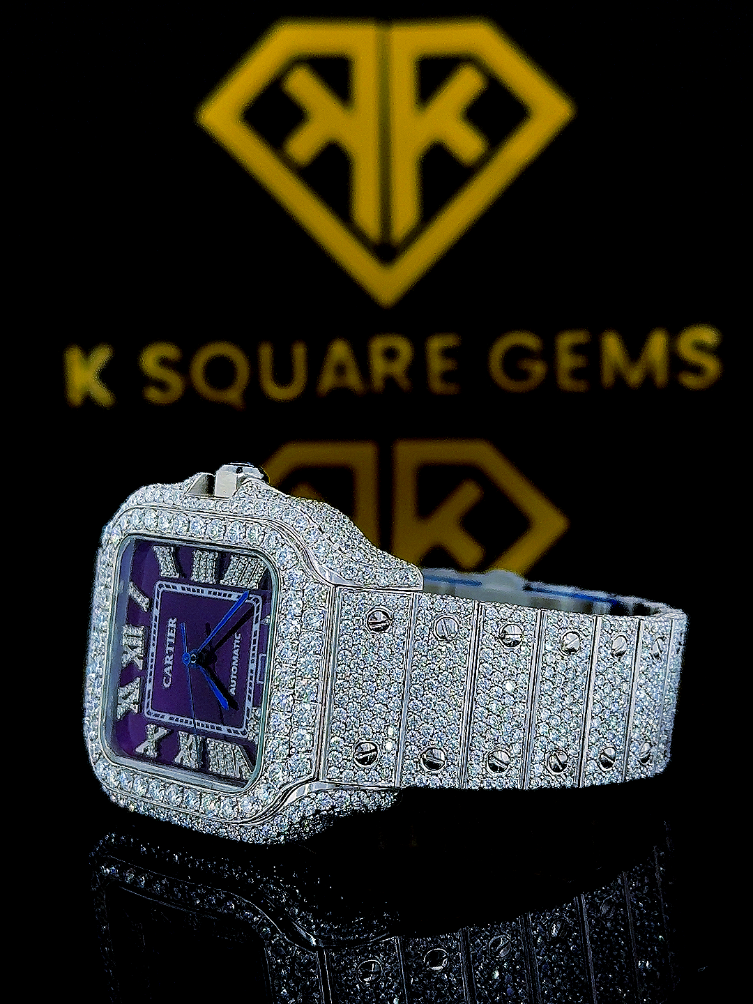 Cartier Purple Dial Iced Out Moissanite Diamond Watch Left Side View