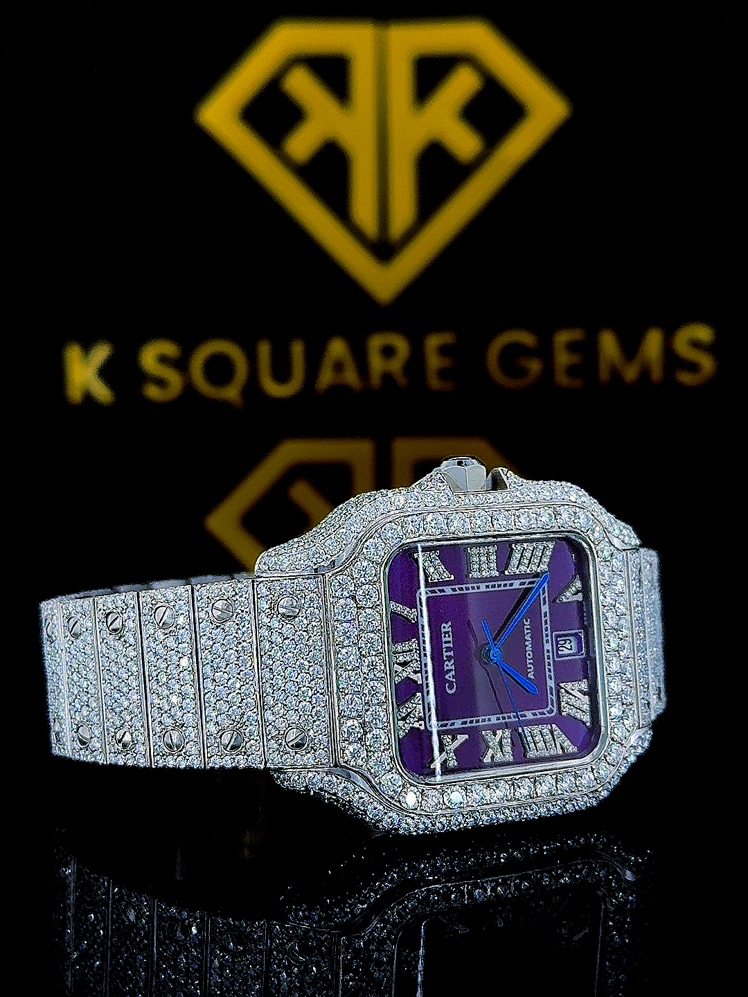 Cartier Purple Dial Iced Out Moissanite Diamond Watch Right Side View