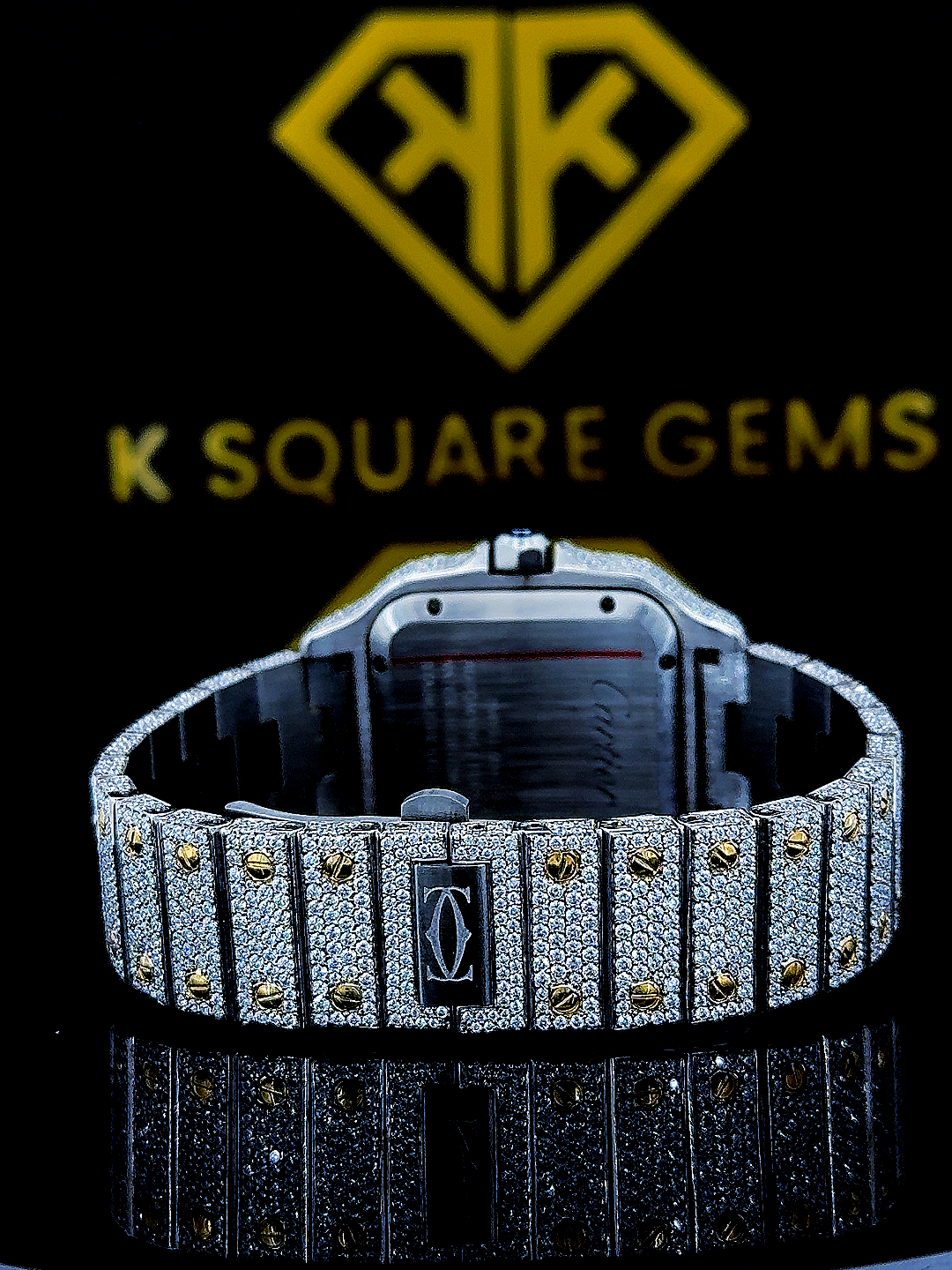 Cartier Roman Numerals Dial Two Tone Iced Out Moissanite Diamond Watch Back View